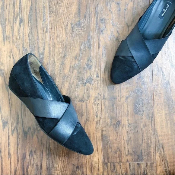 Paul Green • Daniella black suede wedges pumps heels pointed toe elastic  strap